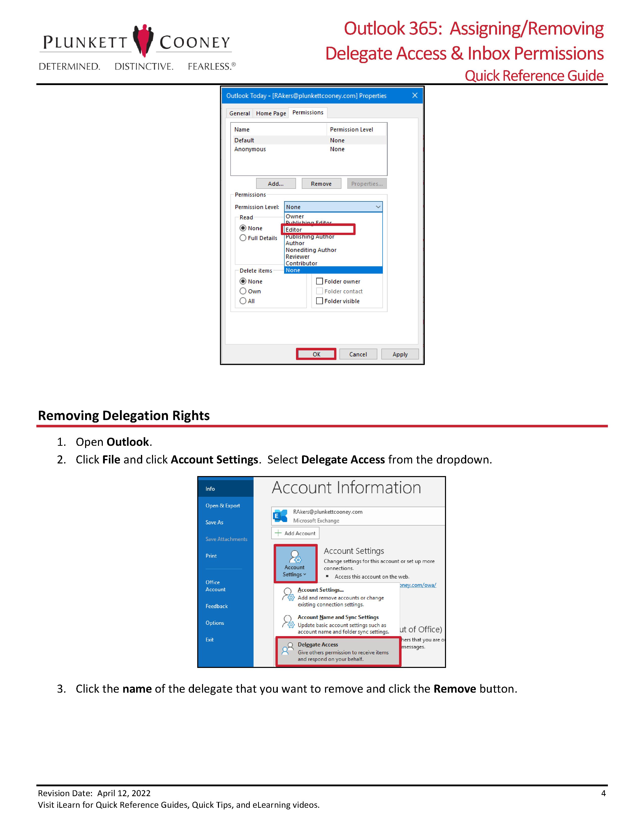 Outlook delegate access: sharing mailbox permissions.